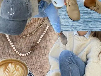 Coastal granddaughter board: anchor cap, pearl necklace, cream crewneck over a collar, light jeans, tan clogs.