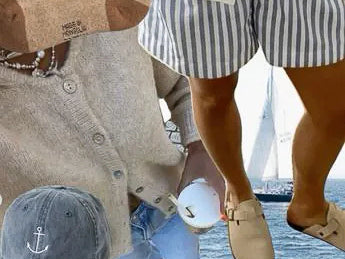 Coastal granddaughter board: oatmeal cardigan, blue striped shorts, anchor cap, tan clogs, a sailboat offshore.