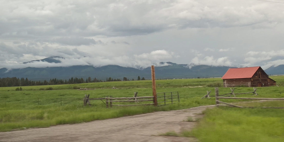 A ranch road running past a weathered barn toward the mountains under a cloudy sky.