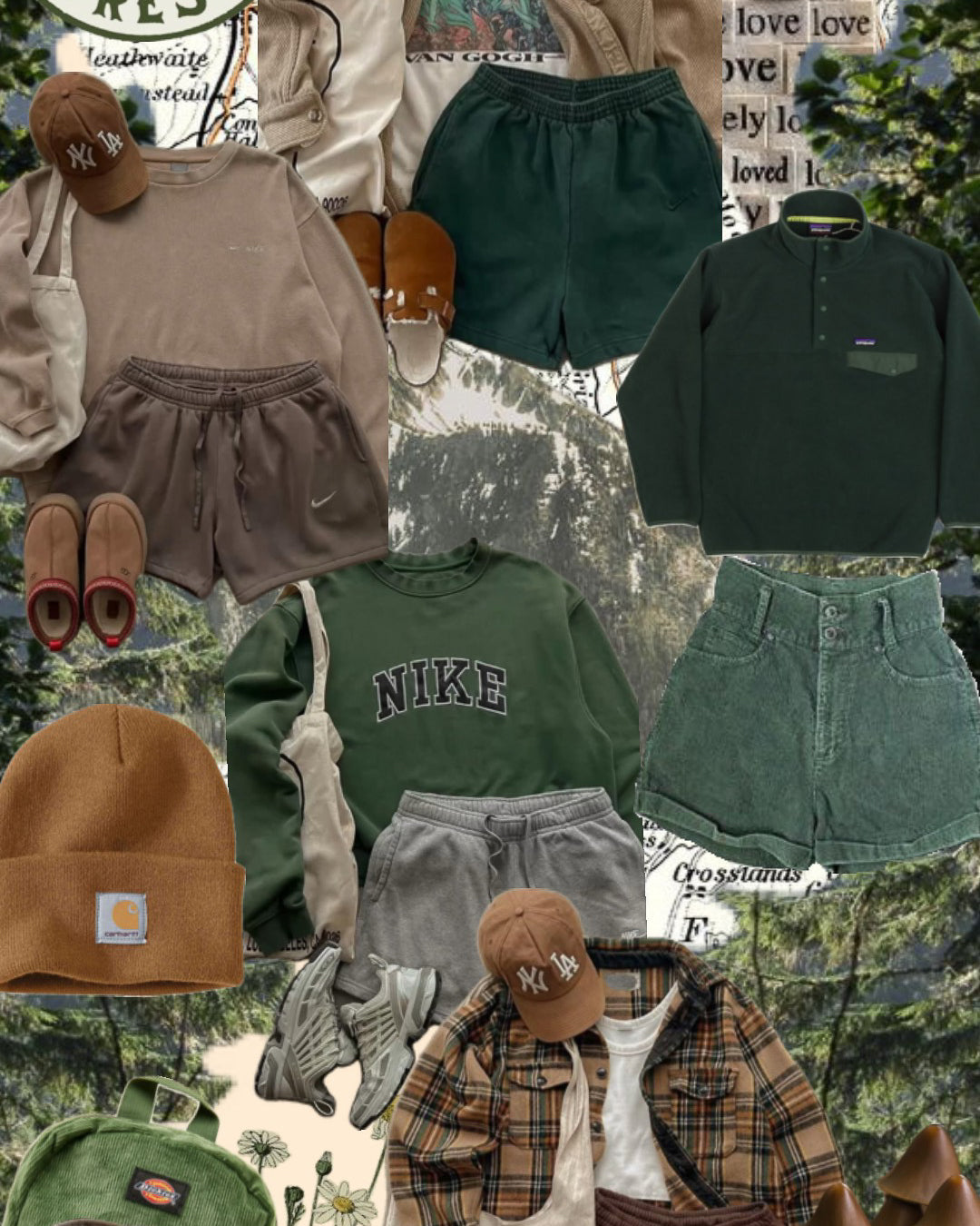 Granola aesthetic outfit board: green crewneck sweatshirt, corduroy shorts, plaid flannel, brown beanie and a canvas backpack