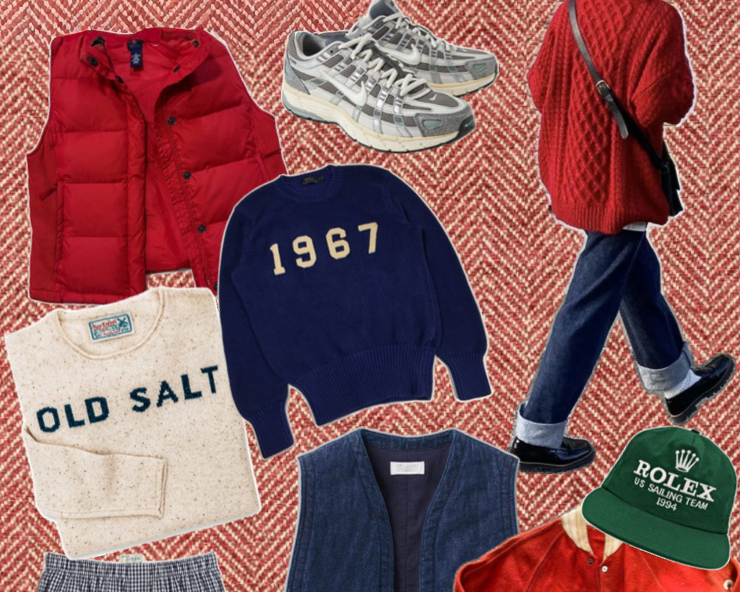 Board on red herringbone: red puffer vest, navy varsity sweater, cream sweatshirt, denim vest, green sailing cap.