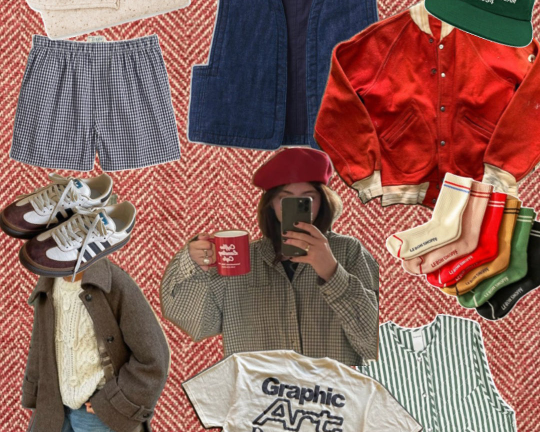 Board of everyday layers: gingham boxers, red jacket, cream cable knit, olive chore coat, striped shirt, graphic tee.