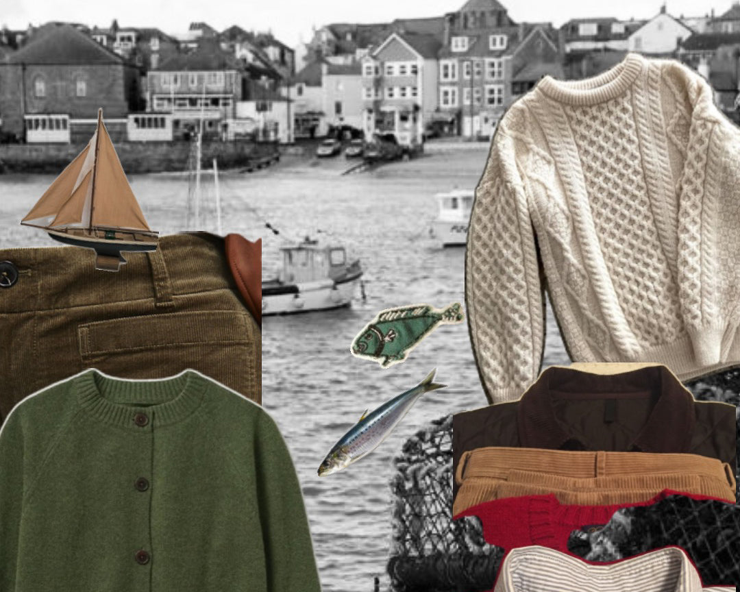 Harbor collage: cream aran cable sweater, olive corduroy trousers, green cardigan, brown turtleneck, model sailboat.