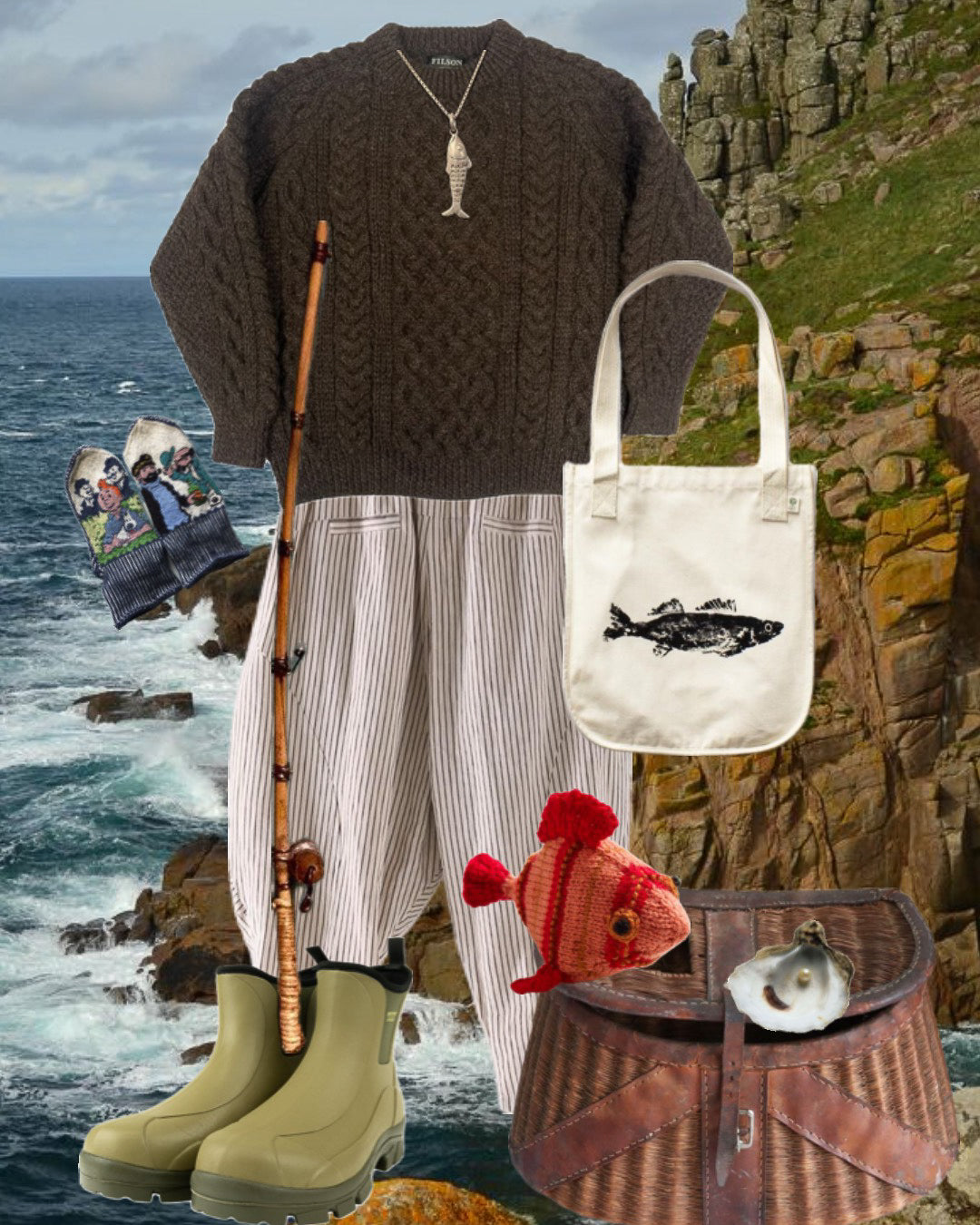 Coastal board: brown cable knit, cream striped wide leg pants, fish print tote, olive rain boots, wicker creel.