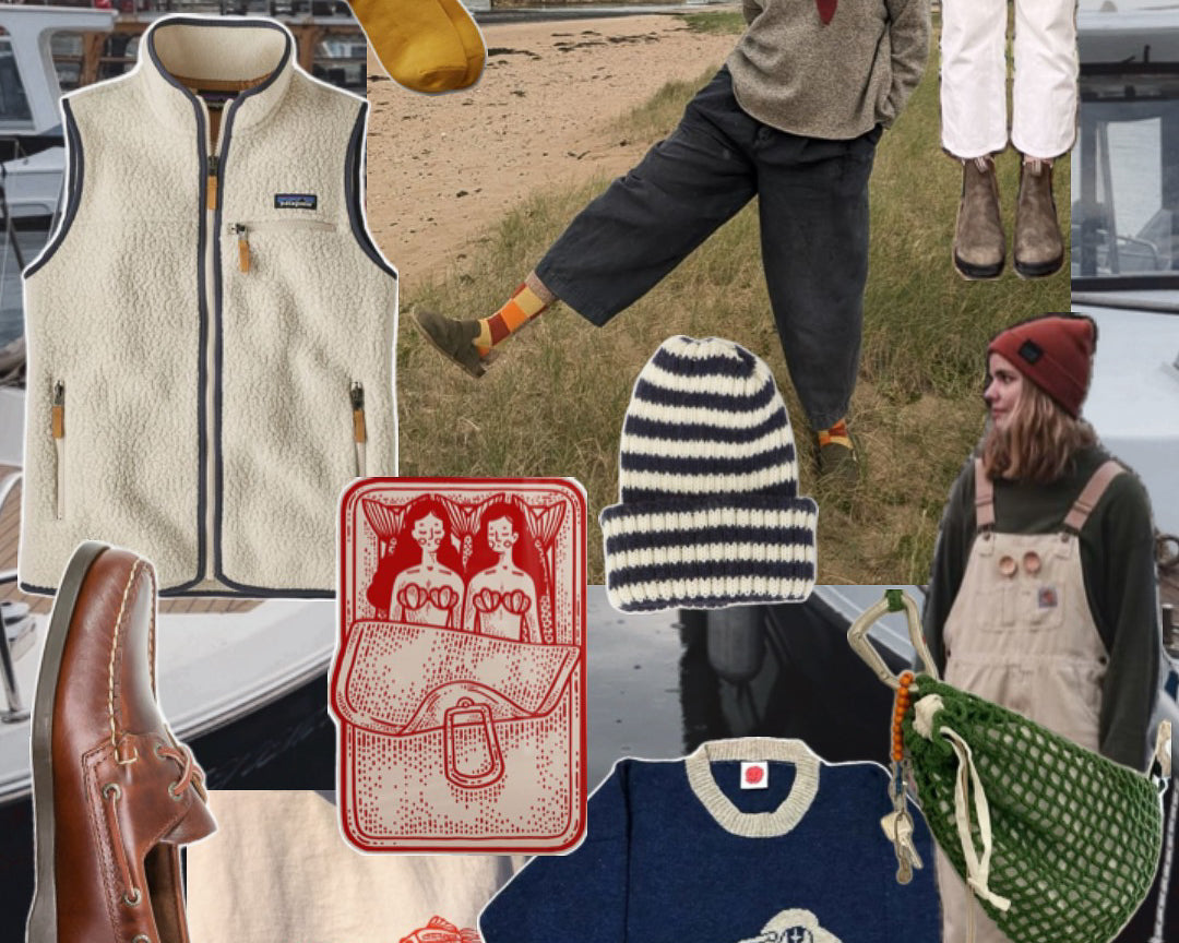 Fisherman core board: cream fleece vest, navy striped beanie, brown boat shoes, canvas overalls, green net bag.
