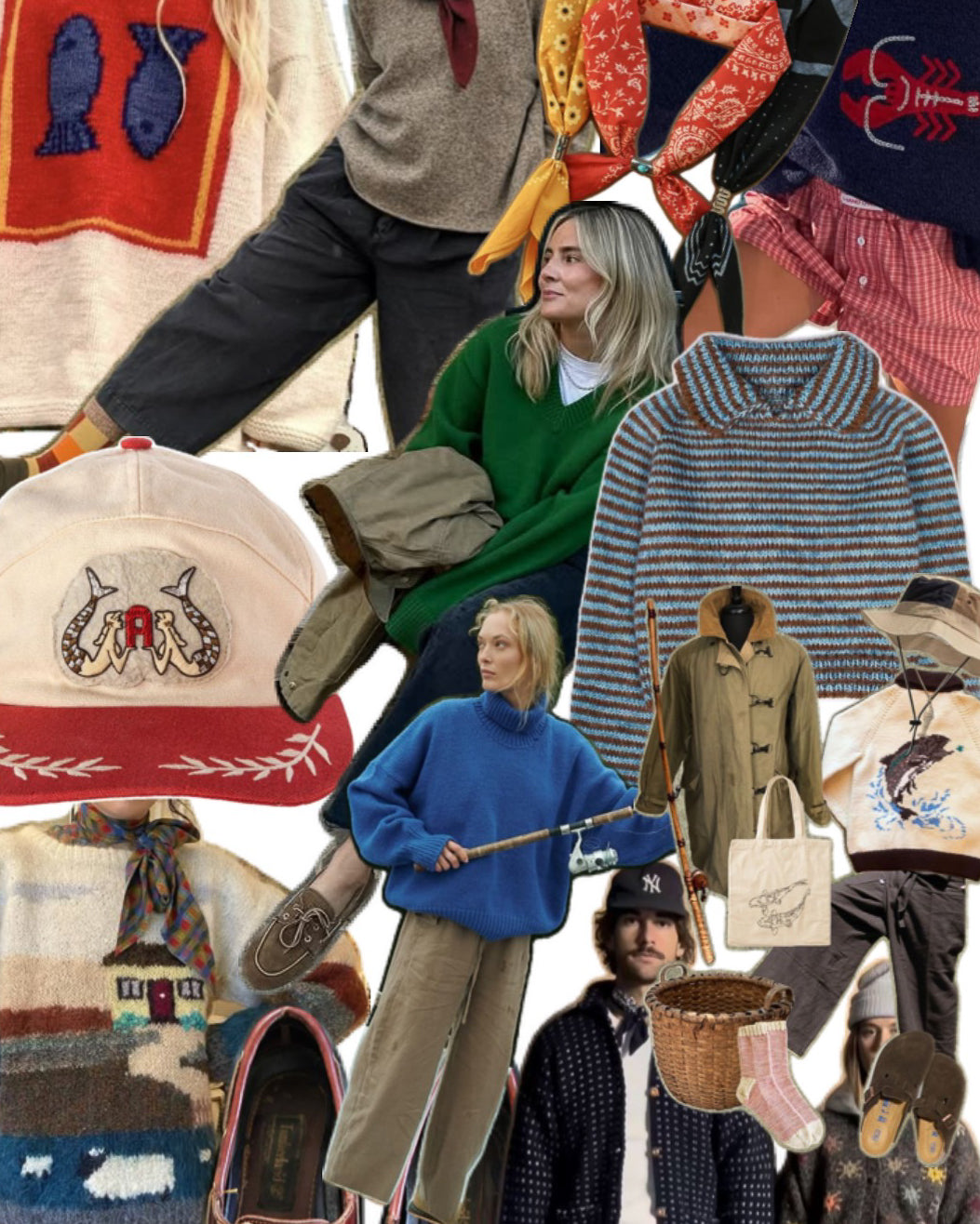 Fisherman core board: fish print knit, blue and tan striped sweater, embroidered fish cap, khaki jacket, canvas tote.