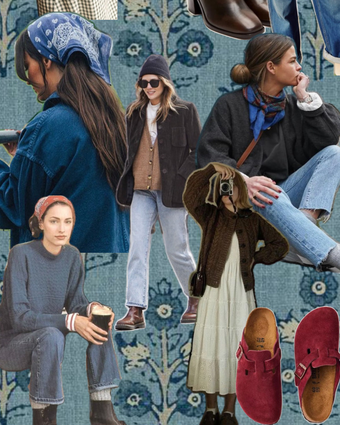 Fisherman core outfit board: denim jacket, bandana headscarf, tan cardigan, cream eyelet skirt, red suede clogs.