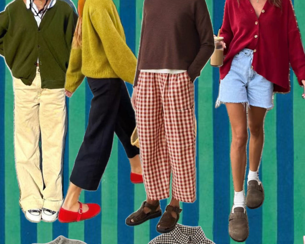 Striped backdrop board: olive v neck, chartreuse sweater, red gingham wide leg pants, red cardigan, brown clogs.
