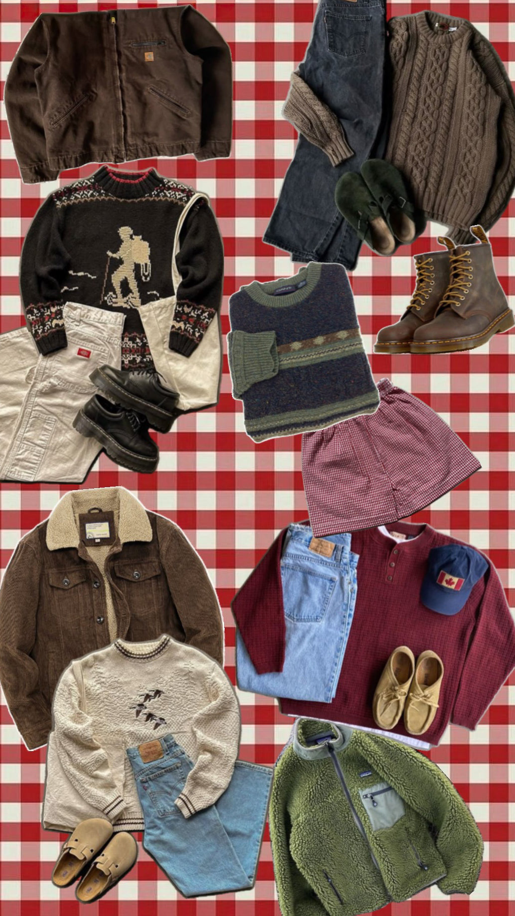 Red gingham picnic board: embroidered varsity jacket, burgundy pullover, corduroy, green fleece, brown suede jacket.