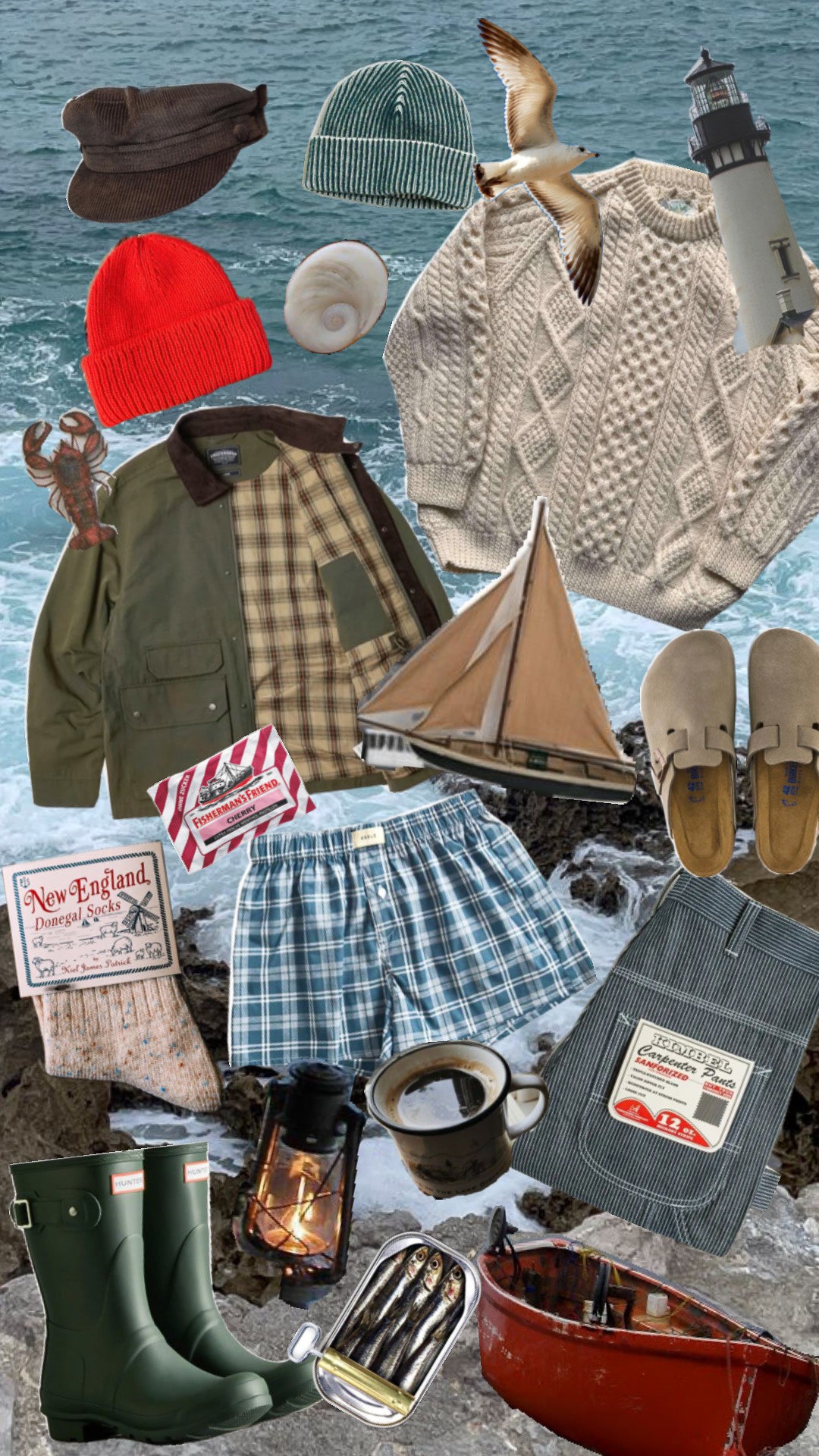 Fisherman core board: olive field jacket, cream aran knit, red beanie, blue plaid boxers, green rain boots.