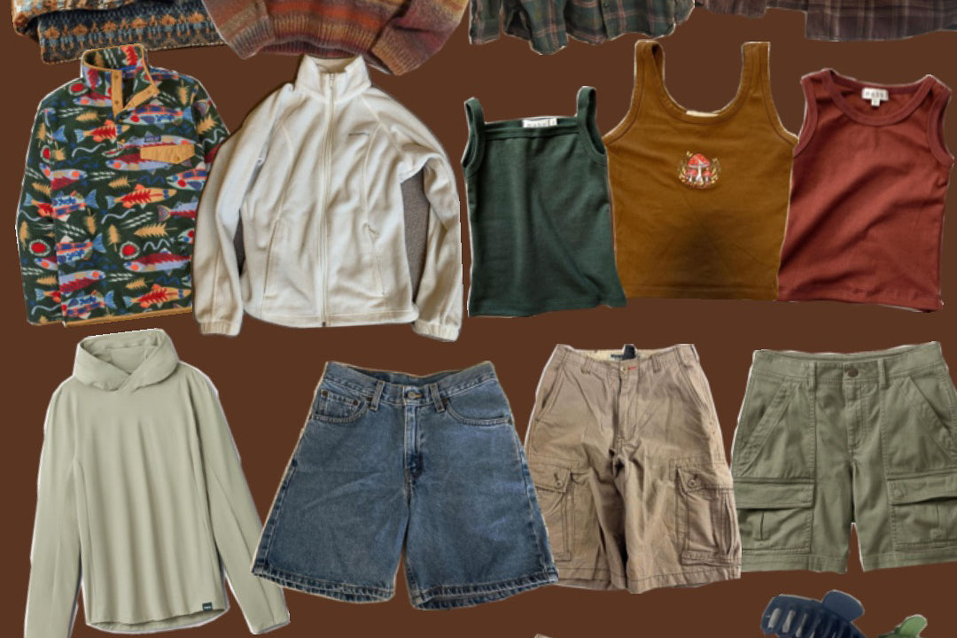 Granola aesthetic outfit board: fish print fleece pullover, cream hoodie, tank tops, denim and cargo shorts