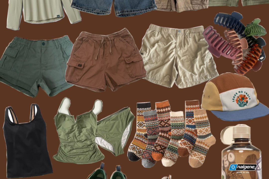 Granola aesthetic outfit board: sage tank tops, cargo shorts, patterned wool socks, claw clips and a water bottle