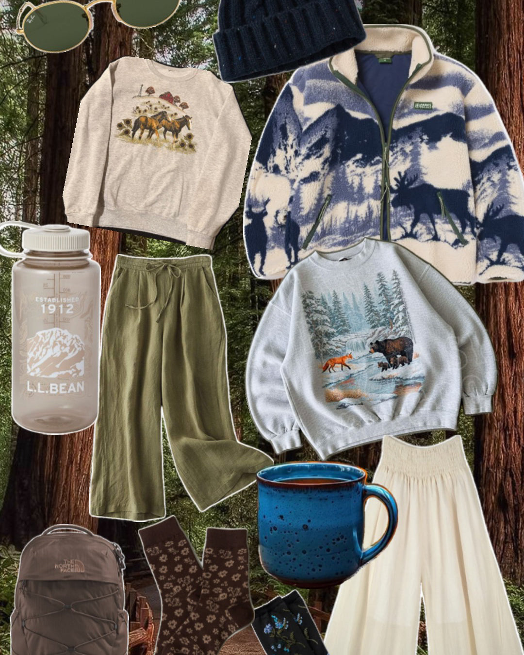 Granola aesthetic outfit board: olive linen wide leg pants, a forest print crewneck, cream trousers, an enamel camp mug and a water bottle