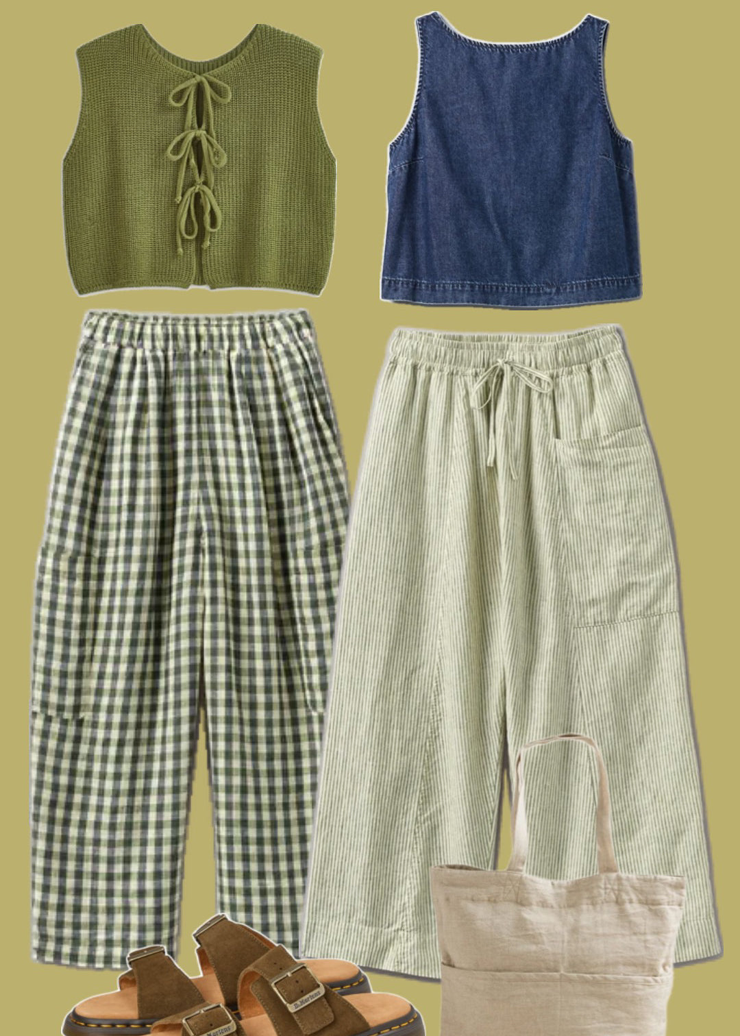 Granola aesthetic outfit board: green lace up waffle knit vest, denim tank, gingham trousers and a canvas tote