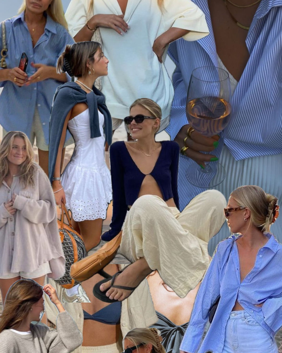 Coastal board: blue striped button downs, white eyelet dress, navy sweater over the shoulders, linen trousers.