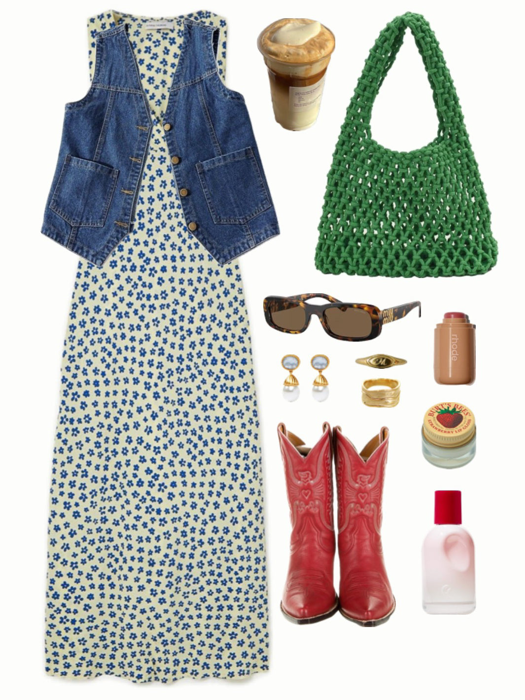 Earthy eclectic flat lay: blue floral maxi dress, denim vest, green crochet net bag, red western boots, gold rings.