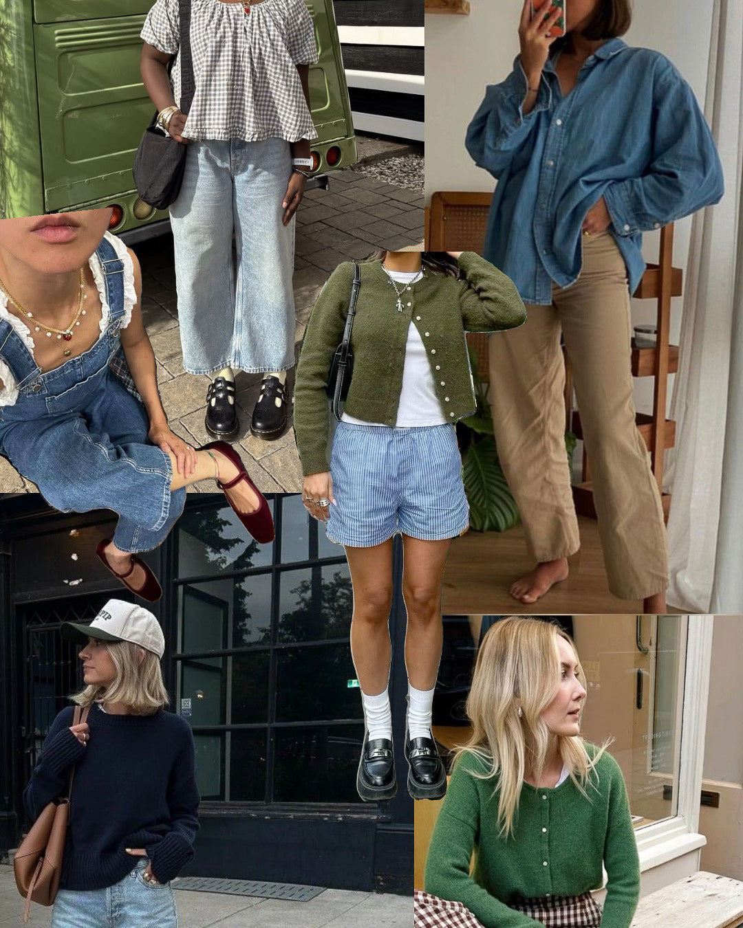 Earthy eclectic board: denim overalls, green cardigan, chambray shirt, khaki trousers, striped shorts, clogs.
