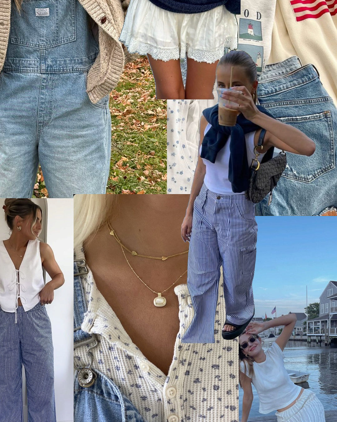 Coastal board: denim overalls, white eyelet skirt, navy sweater tied at the shoulders, blue striped wide leg pants.