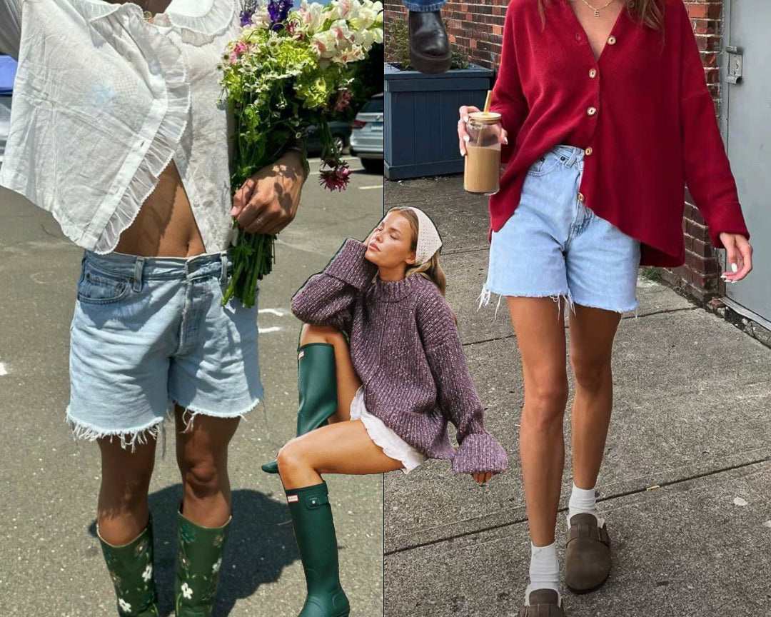 Warm weather board: cutoff denim shorts, green rain boots, purple knit sweater, red button up, white ruffled top.