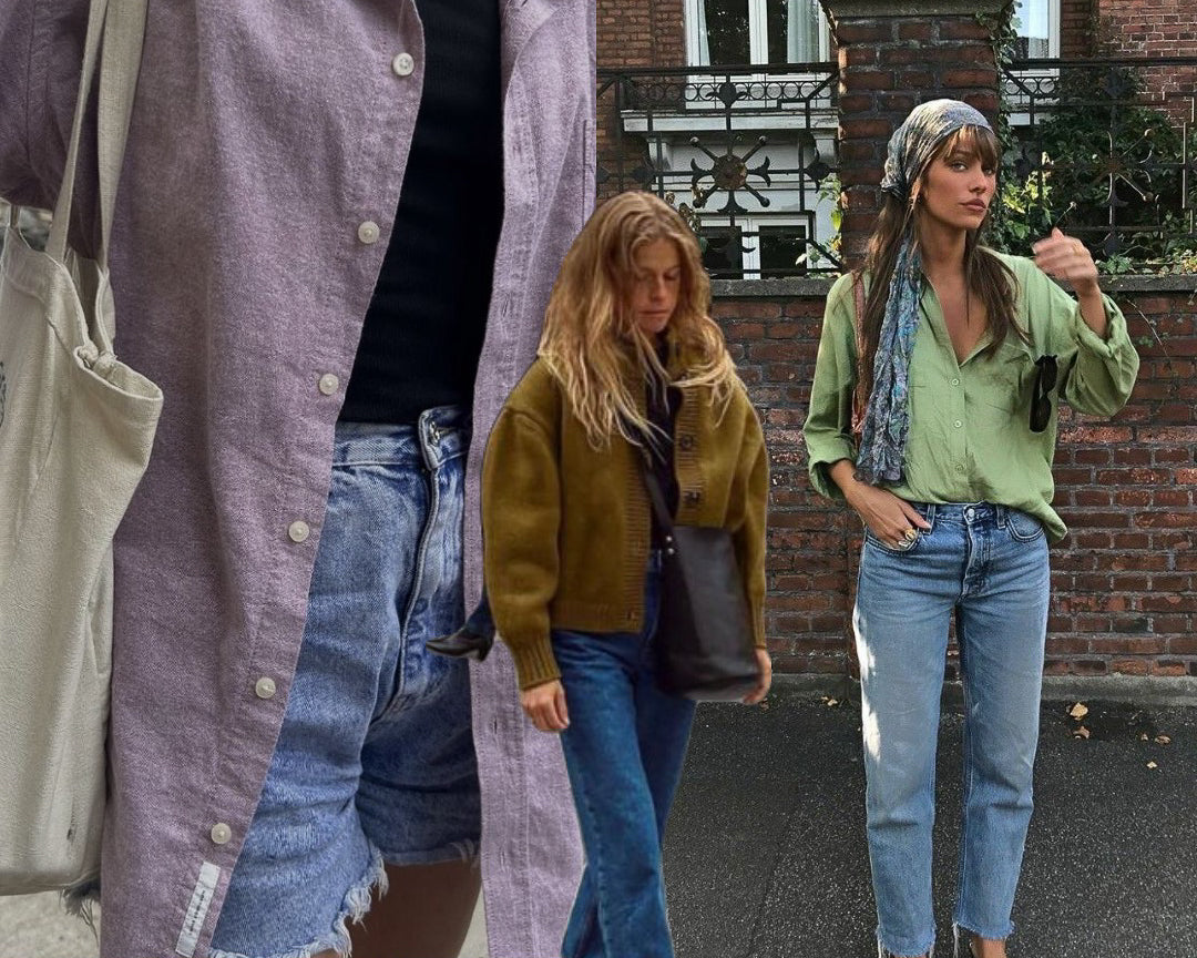 Street looks board: lilac linen shirt, olive suede jacket, green button up, straight denim, bandana headscarf.