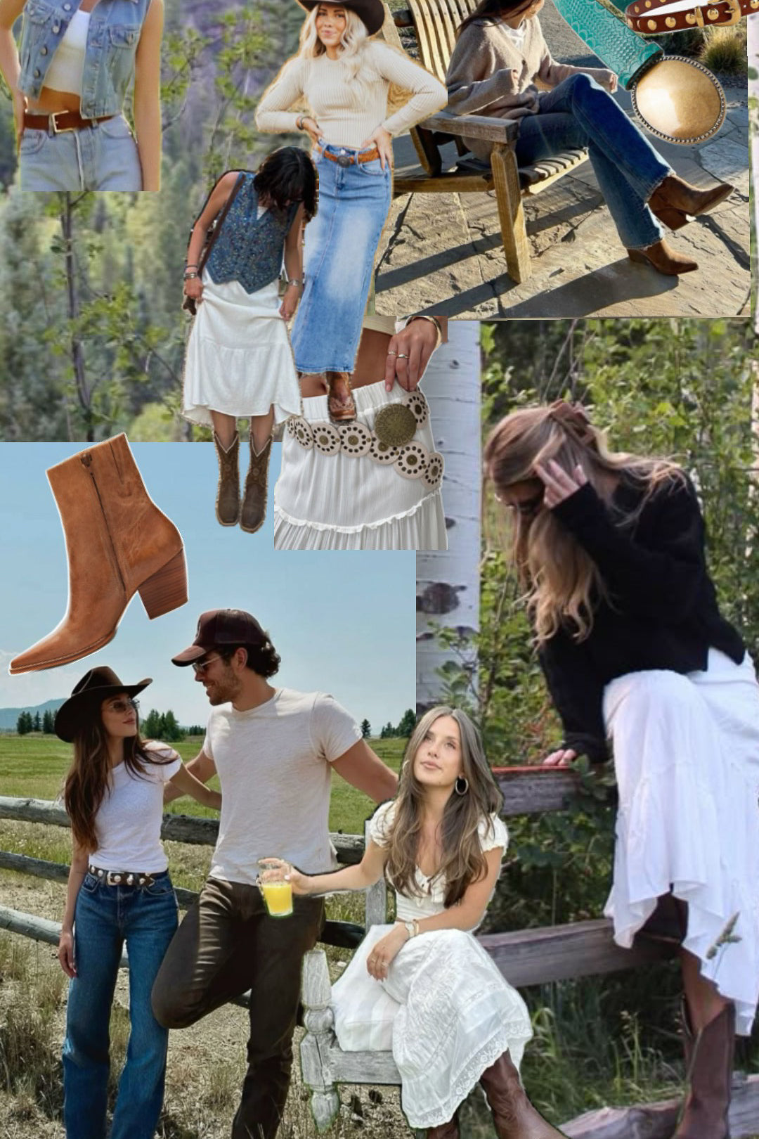Western board: white eyelet skirt, denim skirt, tan suede heeled boots, fringed cream skirt, cowboy boots.