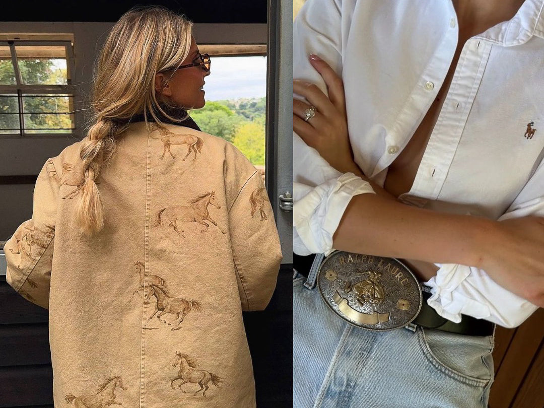 Western board: tan jacket printed with running horses, crisp white shirt, ornate belt buckle, light jeans.