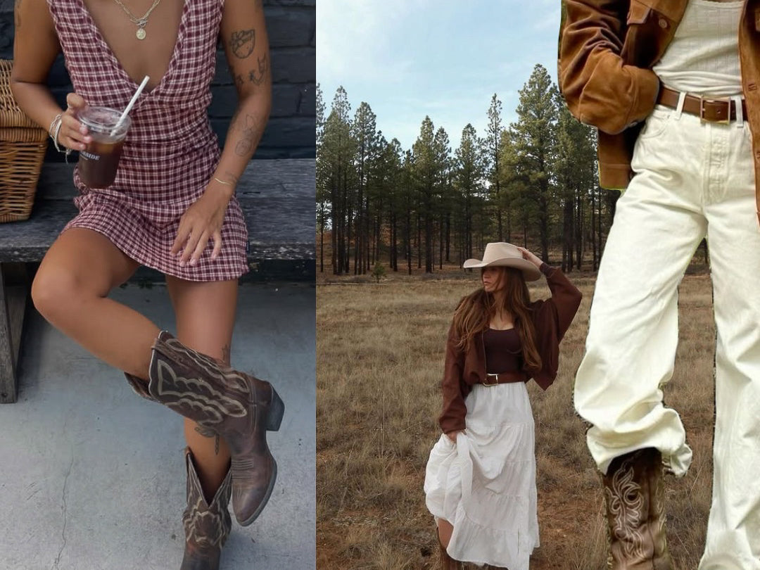 Western board: red gingham mini dress, embroidered cowboy boots, brown suede jacket, white skirt, straw hat.