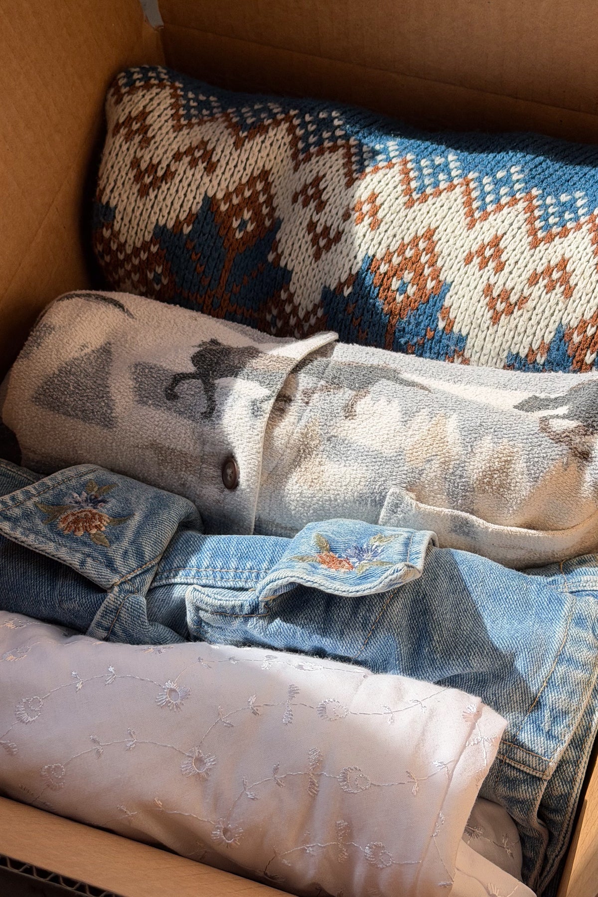 Packed box: southwestern geometric knit, a steer print canvas, embroidered denim and a pale pink layer.